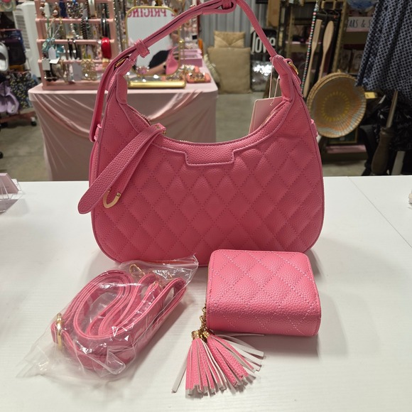 Anna Anreggo Handbags - Pink Quilted Hobo Bag and Wallet 2-in-1 Set New